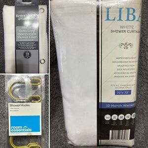White Shower Curtain, Heavyweight Shower Liner, & Shower Hooks